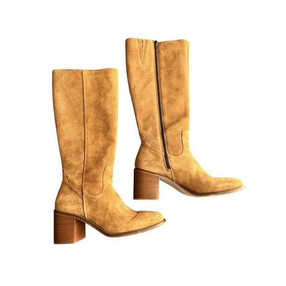 Patina Shoes - Women's Brown Suede Leather Campus Block Heel Tall Zip Up Square Toe Boots 9.5